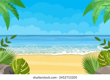 Tropical beach. Summer landscape. Sandy beach under the bright sun. Vector illustration in flat style