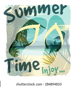 Tropical beach summer print with slogan for t-shirt graphic and other uses. Vector illustration.