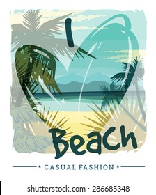 Tropical beach summer print with slogan for t-shirt graphic and other uses. Vector illustration.