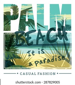 Tropical beach summer print with slogan for t-shirt graphic and other uses. Vector illustration.