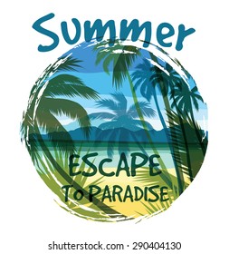 Tropical beach summer print with slogan for t-shirt graphic and other uses. Vector illustration.