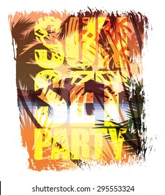 Tropical beach summer print with slogan for t-shirt graphic,  poster, card  and other uses. Vector illustration.