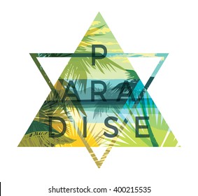 Tropical beach summer print with slogan for t-shirt graphic and other uses. Vector illustration.