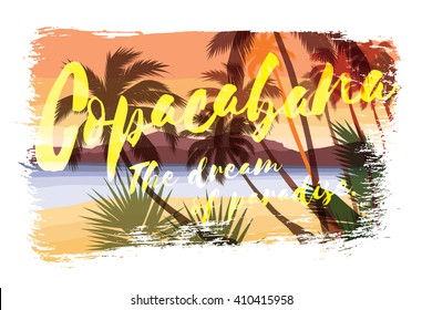 Tropical beach summer print with slogan for t-shirt graphic and other uses. Vector illustration.