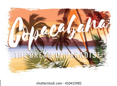 Tropical beach summer print with slogan for t-shirt graphic and other uses. Vector illustration.