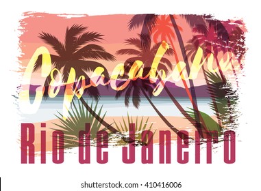 Tropical beach summer print with slogan for t-shirt graphic and other uses. Vector illustration.