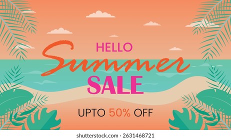 Fundo de venda de verão praia tropical com ondas do oceano folhas de palma e texto de desconto perfeito para anúncios banners e campanhas digitais