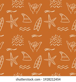 Tropical Beach Summer Seamless Pattern. Surfing Hawaiian Exotic Background With Hand Drawn Surfboard, Shaka Sign, Ocean Waves, Retro Trendy Texture, Textile, Fabric, Sportswear, Vector Illustration.