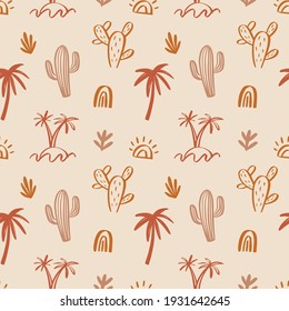 Tropical beach summer seamless pattern. Hawaiian exotic background with hand drawn plants, cactus, palm trees, retro trendy texture, textile, fabric, sportswear, vector illustration. Warm colours