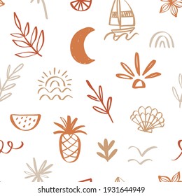Tropical beach summer seamless pattern. Hawaiian exotic background with hand drawn pineapple, waves, sun, plants, retro trendy texture, textile, fabric, sportswear, vector illustration. Warm colours