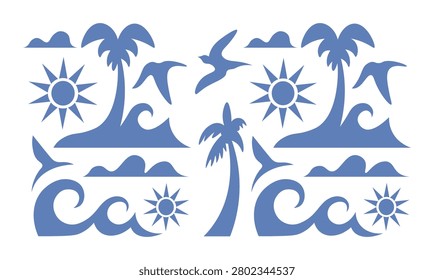 Tropical beach summer silhouette vector collection featuring palm trees, ocean waves, sunshine, clouds, flying seagulls, and island scenery. Perfect for travel, vacation, resort branding, tourism, beach parties, summer events, coastal decorations, logos, apparel, stickers, and tropical-themed design projects.