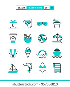 Tropical beach, summer, vacation, cruising and more. Plain and line icons set, flat design, vector illustration