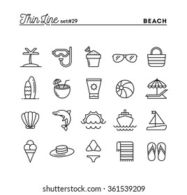 Tropical beach, summer, vacation, cruising and more, thin line icons set, vector illustration