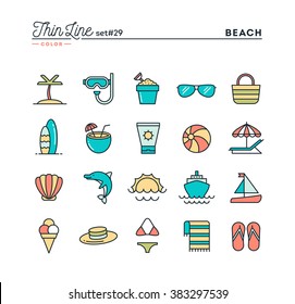 Tropical beach, summer, vacation, cruising and more, thin line color icons set, vector illustration