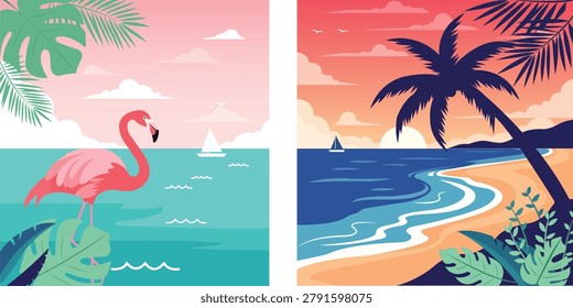 Tropical Beach Summer Vacation Landscape Travel Nature Seaside Graphic Element Isolated Vector Illustration Design