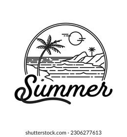 tropical beach summer vacation line art badge logo design template vector illustration