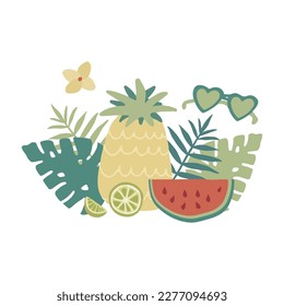 Tropical beach summer vector set. Summertime vacation cute hand drawn vector illustration with pineapple, sunglasses, palm monstera leaves, watermelon, citrus lime