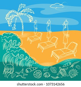 Tropical beach with sun beds, palm trees and marine life. Sketch on a color stylized background. Vector illustration