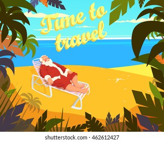 Tropical beach, sun, summer, santa claus, holiday, time to travel Vector illustration EPS 10
