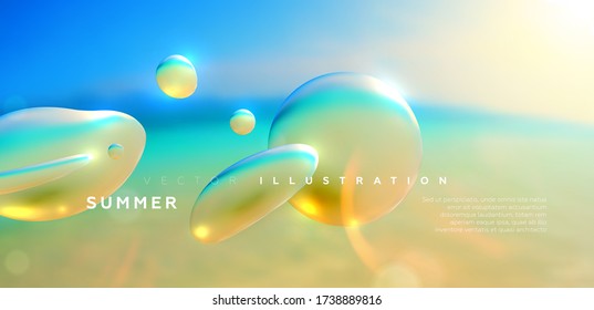 Tropical beach with sunlight, defocused sand and ocean, liquid dynamic water drops fluid shape. Summer background. Business travel and vacation concept illustration. Eps10 vector.