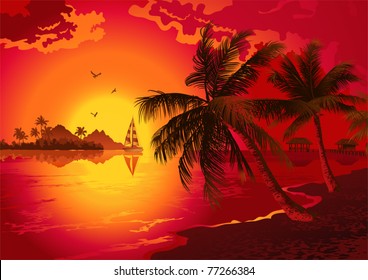 Tropical Beach Sunset Stock Vector (Royalty Free) 77266384 | Shutterstock