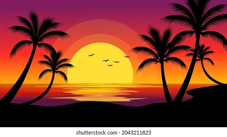 Tropical beach sunset background. Sunset in beach with coconut tree silhouette