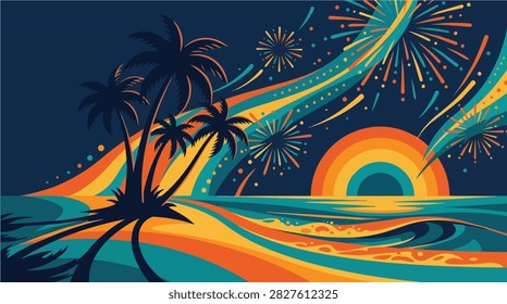 Tropical Beach Sunset Fireworks Vector Illustration with Palm Trees and Ocean Waves