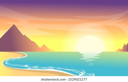 Pôr do sol tropical da praia com céu dourado e silhuetas da montanha - Ilustração do vetor, cena do pôr do sol costeiro sereno com águas calmas e vistas para a montanha - Design plano, Pôr do sol sobre praia tranquila