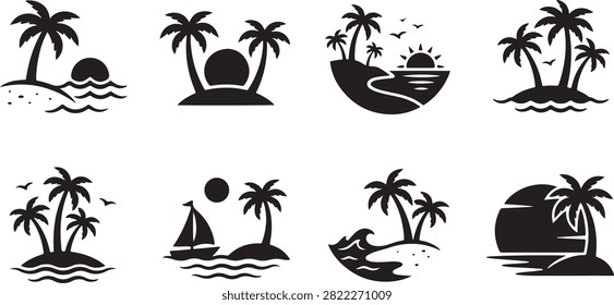 Tropical Beach Sunset Icons Vector Set Palm Tree Island Ocean Wave Lighthouse Summer Line Art Collection