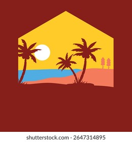 Tropical Beach Sunset Illustration With Palm Trees, Ocean Waves, and Warm Color Tones. Perfect for Vacation Themes, Summer Vibes, and Travel Concepts