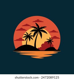 Tropical Beach at Sunset with Island vector illustration eps10