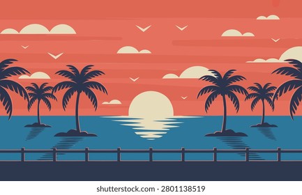Tropical Beach Sunset Landscape Illustration Featuring Silhouette Palm Trees Setting Sun Over Ocean Waves Clouds Vector Graphic Horizon Background Design