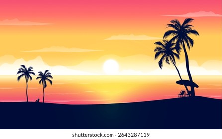 Tropical beach sunset landscape with palm trees, silhouette hut, orange sky, purple gradient, summer vacation background, ocean view, exotic paradise illustration, nature relaxing concept.