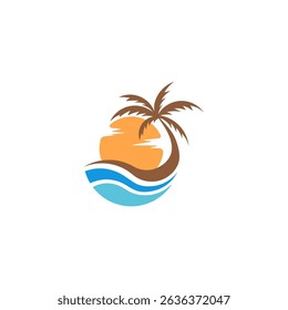 Tropical Beach Sunset Logo: Palm Trees Island Vector Design