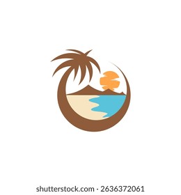Tropical Beach Sunset Logo: Palm Trees Island Vector Design