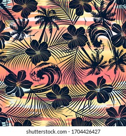 Tropical beach sunset, palm and hibiscus seamless pattern