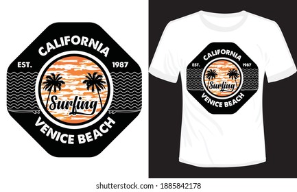 Tropical beach sunset with palm trees vintage t-shirt illustration, California Venice beach vector t-shirt design 