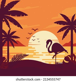 Tropical beach sunset with palm trees landscape