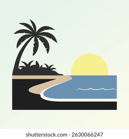 Pôr do sol tropical da praia com palmeiras, ilustração de vetor mínima