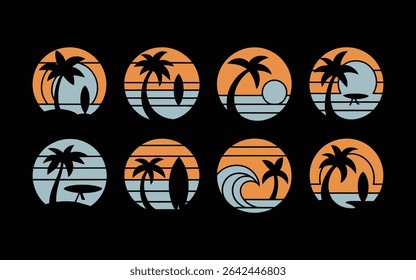 Pôr do sol tropical da praia com palmeiras e pranchas de surfe em estilo retrô