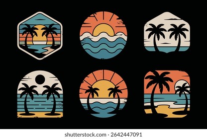 Tropical beach sunset with palm trees in retro vintage style