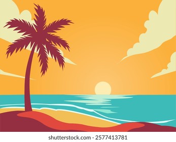 Tropical beach at sunset with palms and sea summer resort. Vector illustration in cartoon style