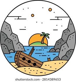 Tropical Beach Sunset with Shipwreck and Palm Island Vector