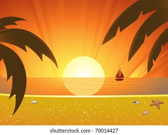 Tropical beach sunset sky with sail boat in the distance