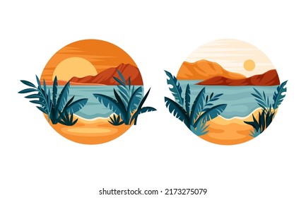 Tropical beach and sunset and sunrise set. Tropical seaside with exotic plants in circle vector illustration
