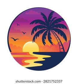Tropical beach sunset vector badge with wooden boardwalk ladder leading to ocean landscape and palm trees for summer travel concept