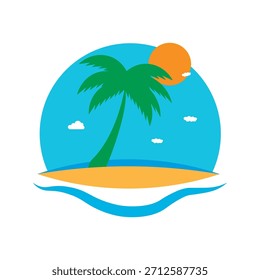 Ilustración vectorial tropical de la puesta del sol de la playa con las palmeras y el océano. Elementos del logotipo del viaje del Clipart de las vacaciones de verano.