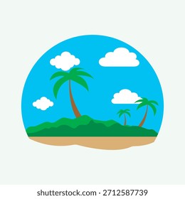 Tropical Beach Sunset Vector Illustration with Palm Trees and Ocean. summer vacation clipart travel logo elements.