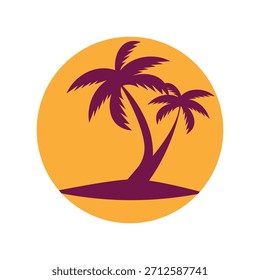 Tropical Beach Sunset Vector Illustration with Palm Trees and Ocean. summer vacation clipart travel logo elements.