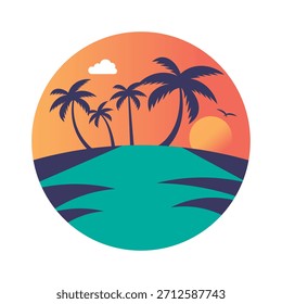 Ilustración vectorial tropical de la puesta del sol de la playa con las palmeras y el océano. diseño Clipart del cielo del gradiente de las vacaciones de verano, Elementos del logotipo del viaje.